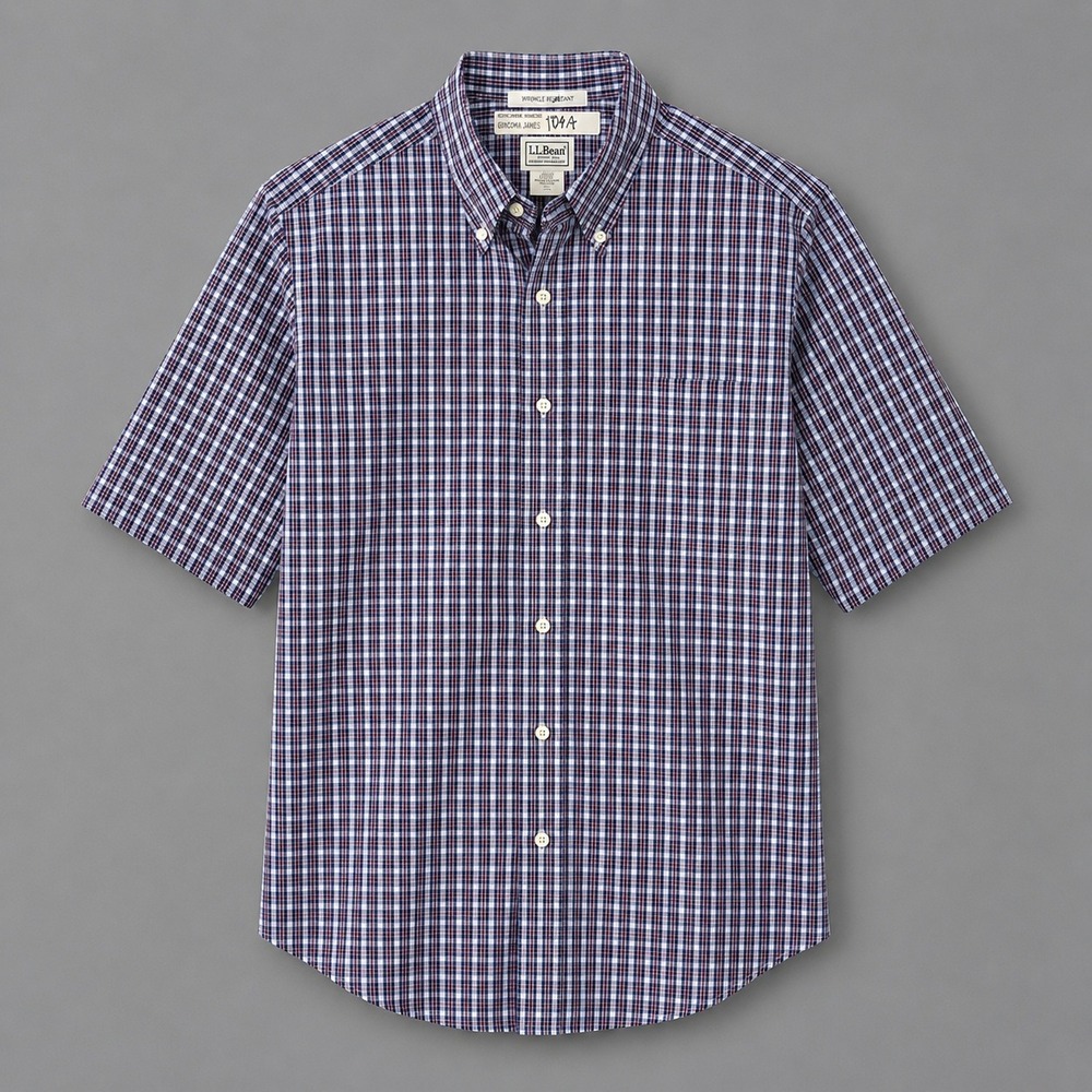 LL Bean Mens Plaid Button Down Shirt Large Blue Red Wrinkle Resistant Cotton